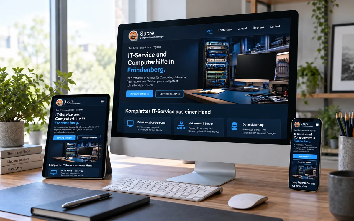 Sacré-Webseite auf einem PC-Monitor, Tablet und Smartphone